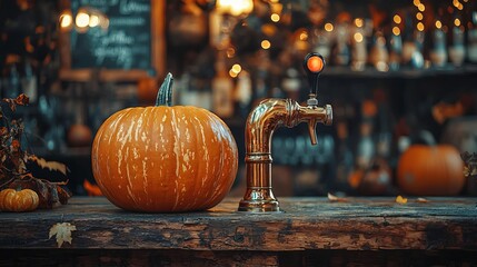 Close-up of a pumpkin with a beer tap inserted, as if it s dispensing freshly brewed ale, creative autumn bar design