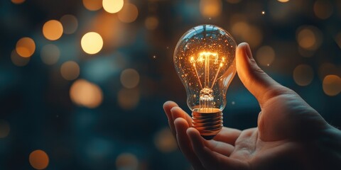 Fototapete - Idea innovation and inspiration concept. Hand of man holding illuminated light bulb, concept creativity with bulbs that shine glitter. Inspiration of ideas for sustainabl