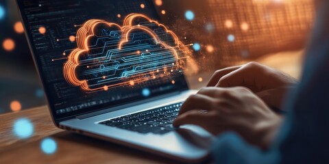 Fototapete - man use Laptop with cloud computing diagram show on hand. Cloud technology. Data storage. Networking and internet service concept