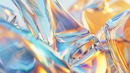 Abstract iridescent glass shapes in blue and gold colors.