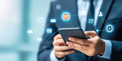 Aufkleber - Customer support hotline Contact us people connection. Businessman using Smart Phone with the email, call phone, address, Chat message icons