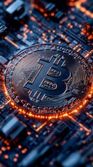 Poster - Bitcoin symbol on a glowing circuit board, digital finance concept