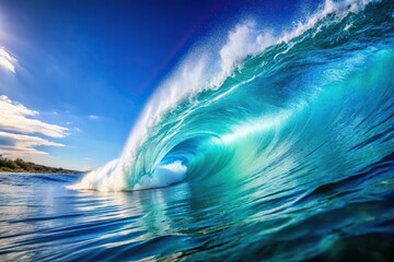 Serene and dynamic blue ocean wave under clear sky, perfect for backgrounds or abstract themes