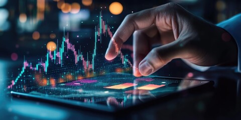 Aufkleber - Hand of Businessman or trader is showing a growing virtual hologram stock on smartphone, planning and strategy, Stock market, Business growth, progress or success concept