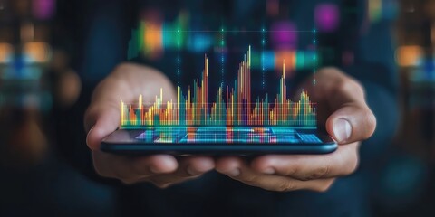Aufkleber - Hand of Businessman or trader is showing a growing virtual hologram stock on smartphone, planning and strategy, Stock market, Business growth, progress or success concept