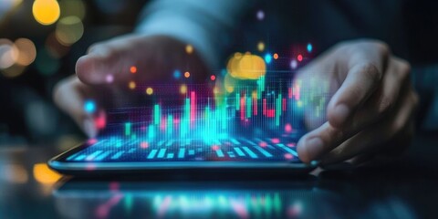 Aufkleber - Hand of Businessman or trader is showing a growing virtual hologram stock on smartphone, planning and strategy, Stock market, Business growth, progress or success concept