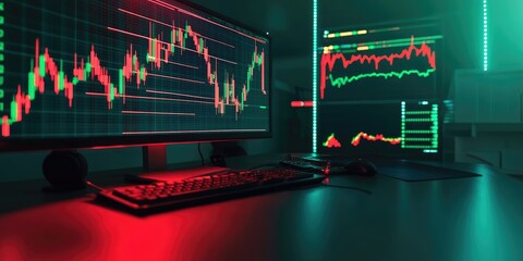Aufkleber - planning and strategy, Stock market, trader or investor working at home. Technical price graph and indicator, red and green candlestick chart and stock trading computer s
