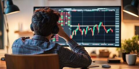 Aufkleber - planning and strategy, Stock market, trader or investor working at home. Technical price graph and indicator, red and green candlestick chart and stock trading computer s