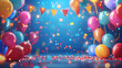 © pattaraporn - Birthday background theme bright colors with floating balloons, colorful abstract holiday, birthday cards, and invitation designs in a festive celebration theme