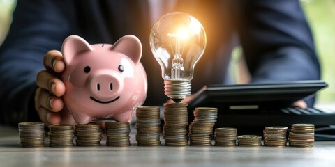 Wall Mural - saving energy and money concept. idea for save or investment. businessman holding lightbulb on piggy bank and coins stacking on desk with calculator