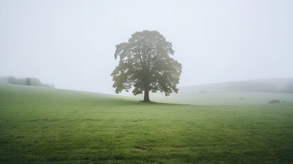 alone tree on green grass field with green hill background and soft mist