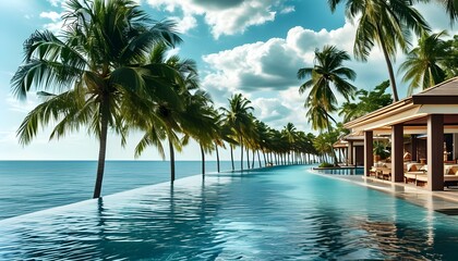 Serene infinity pool overlooking ocean with palm trees, embodying luxury and relaxation for summer vacation and travel inspiration