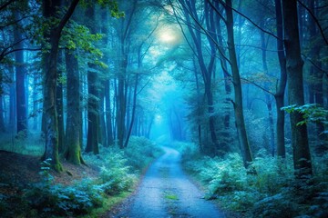 serene mysterious forest path illuminated blue hue inviting exploration tranquility