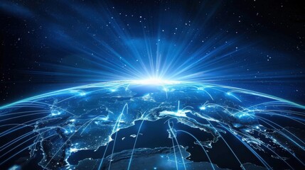Poster - Global Communications - stock photo Abstract Earth view from space with fiber optic cables rising from major cities