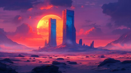 Two Stone Pillars in a Desert Under a Red Sun