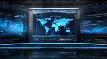 Aufkleber - Futuristic Control Room with World Map and Data Displays