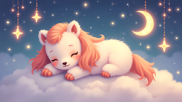 illustration of a fluffy sleeping pony on top of soft clouds in a dreamy night sky Pony is miniature dachshunds peaceful expression with closed eyes and a subtle smile