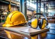 © Arnada - Yellow hard hat, safety goggles, and ear protection lay beside industrial machinery manual, emphasizing importance of protective gear and procedures in hazardous work environments.