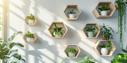 Poster - Honeycomb Shelves with House Plants in a White Interior with Sunlight Shadows