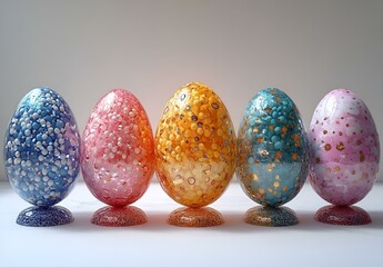 A row of vibrant, colorful eggs displayed against a clean white background.