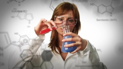 Poster - Animation of chemical formula over caucasian female scientist doing experiment