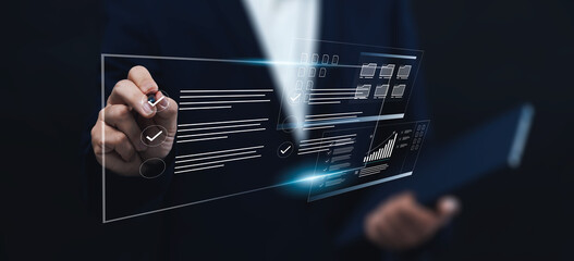 Poster - Businessman analyzing company's financial revenue and profit with value increasing charts, information computer system technology, using data to calculate business strategy, document share transfer.