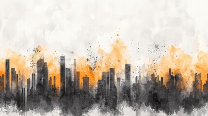 Sticker - Abstract Watercolor City Skyline with Orange and Black Colors