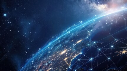 Poster - Global Data and Network - stock photo Planet earth in outer space with global communication network and data