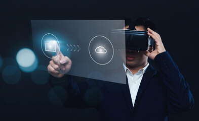 Poster - businessman worker using vr virtual reality augment headset gear folder data and document management