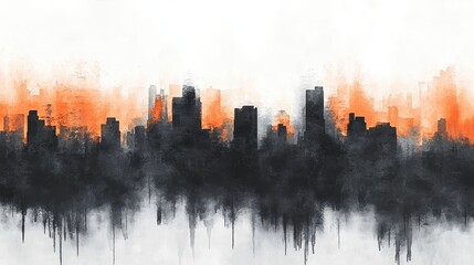 Wall Mural - Abstract Cityscape Painting with Orange and Black Watercolor