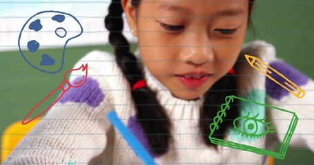 Poster - Animation of school items icons over asian schoolgirl writing