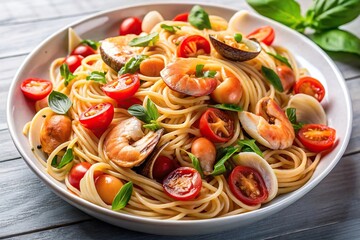 shrimp and clam pasta with basil and tomatoes fisheye