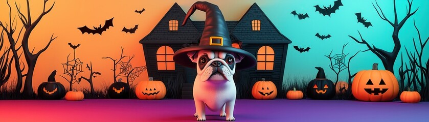 Canvas Print - Cute Dog in Witch Hat for Halloween.