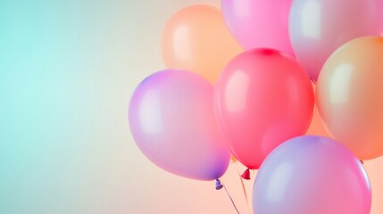 Poster - Multiple colorful balloons rise against a soothing pastel gradient background, creating a cheerful and festive atmosphere perfect for any celebration or event