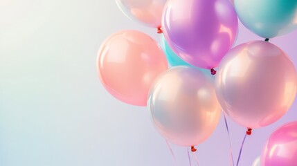 Poster - A collection of vibrant balloons floats gracefully in a soft gradient of pastel colors, their slightly reflective surfaces adding depth and charm to the composition