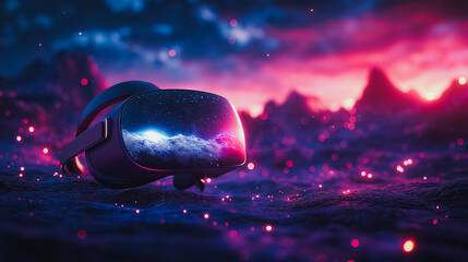 Poster - A virtual reality headset is on a rocky beach at sunset. The scene is surreal and dreamlike, with the headset appearing to be floating in the air. The colors of the sunset
