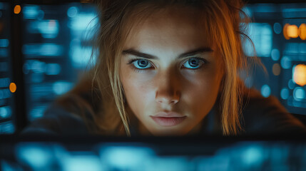 Poster - A woman is looking at a computer screen with a blue background. She has blue eyes and is wearing a gray shirt