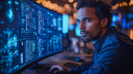 Wall Mural - A man is looking at a computer monitor with a lot of numbers and symbols on it. He is focused and attentive, possibly working on a complex task or analyzing data