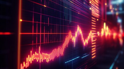 Aufkleber - a close-up view captures a glowing digital display with a stock market growth chart, showcasing risi