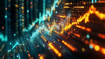 Poster - a closeup of a glowing digital display showcases intricate lines and data points illustrating a stoc