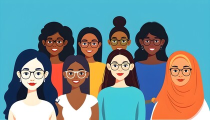 Wall Mural - Celebrating Global Diversity: Cartoon Women of Various Cultures and Skin Tones in Vibrant Flat Design