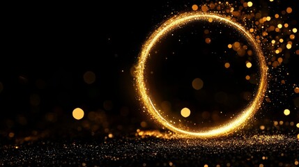 Poster - A shimmering golden glitter circle radiates brilliance against a deep black background, surrounded by glowing sparkles and particles that create an enchanting visual effect