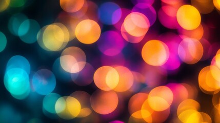 Poster - A mesmerizing blend of multicolored bokeh lights glows softly against a dark backdrop, forming blurry circles that bring a sense of warmth and energy to the scene