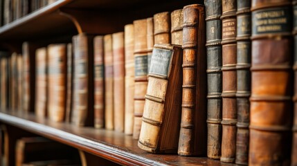 Old books with worn covers and spines are neatly arranged on a classic library shelf, reflecting their age and the stories they hold within. A glimpse of literary history awaits exploration