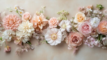 Poster - A beautiful flatlay displays a creative arrangement of delicate pastel flowers, including roses, dahlias, and other blooms, set against a soft, neutral backdrop