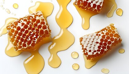 Golden honey cascading from honeycomb with smooth syrup, showcasing the natural sweetness and texture of honey on a pristine white background