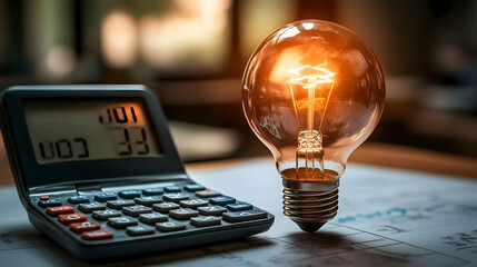 Poster - A calculator and a glowing light bulb on a desk, symbolizing innovation and ideas.