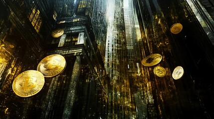 Aufkleber - Golden Bitcoin Coins Falling Through City Skyline