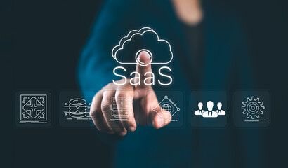 Aufkleber - SaaS, software as a service concept. Businessman touching cloud SaaS icon on virtual screen. software services on cloud system. Internet and networking technology.