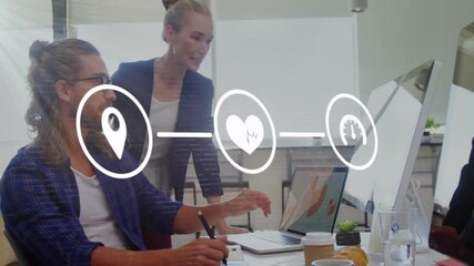 Poster - Animation of media icons over caucasian colleagues working in office